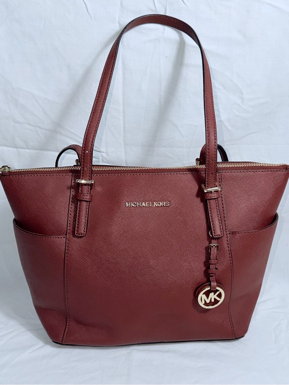 Michael Kors Jet Set Large Saffiano Leather Top Zip Tote Bag Brick Red Burgundy